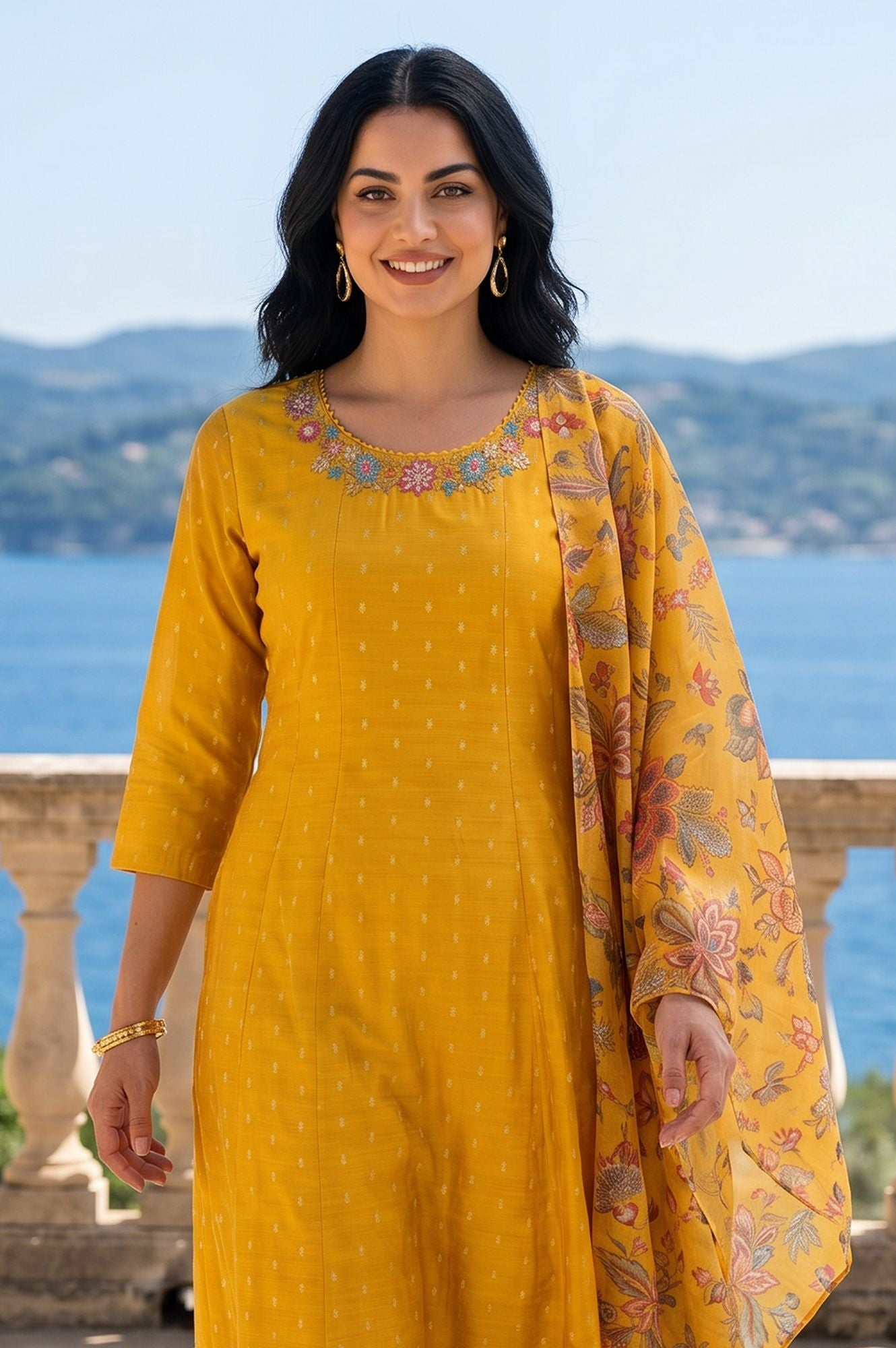 Mustard Floral Printed Thread Embroidered Dupatta
