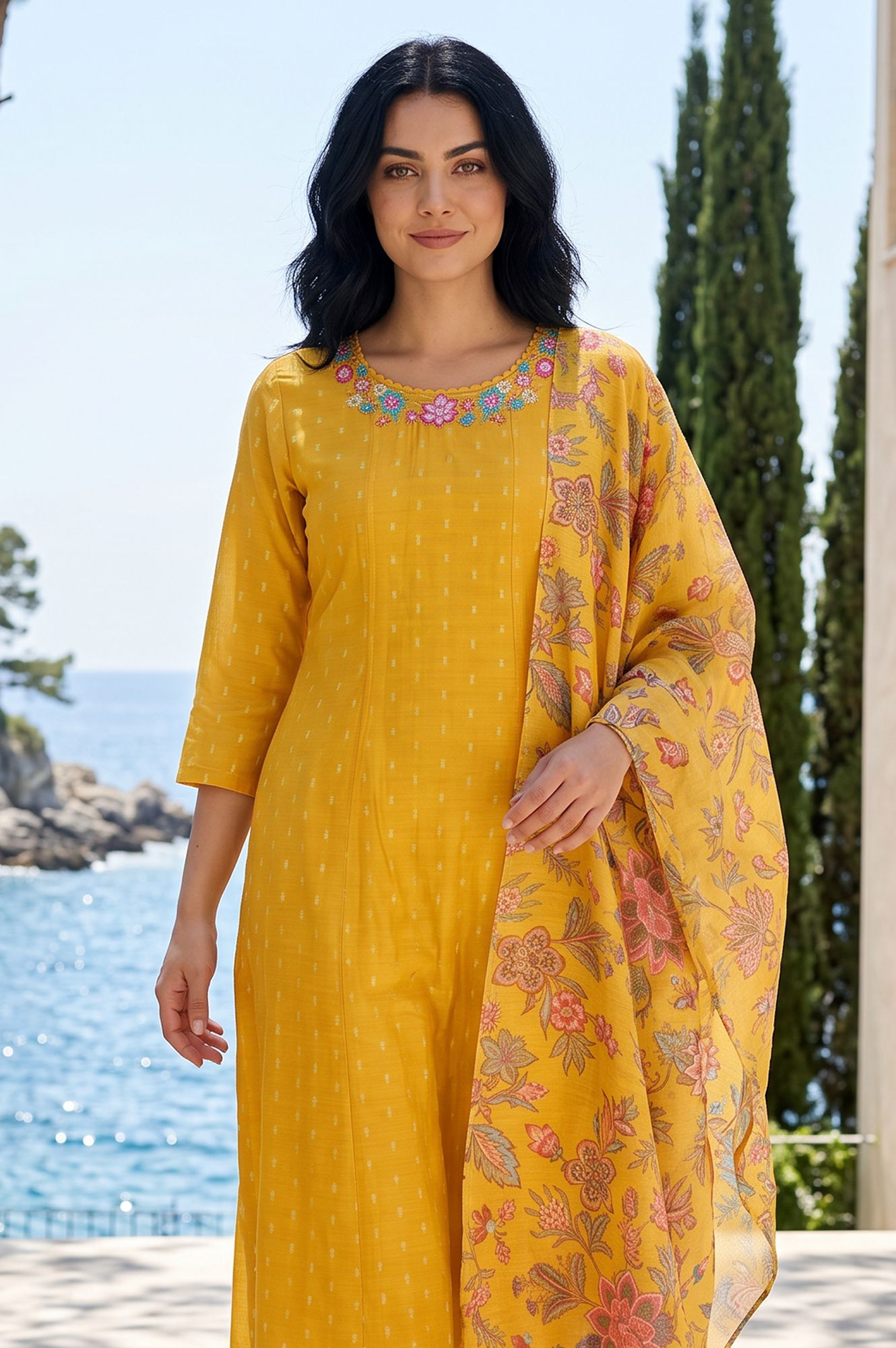 Mustard Floral Printed Thread Embroidered Dupatta