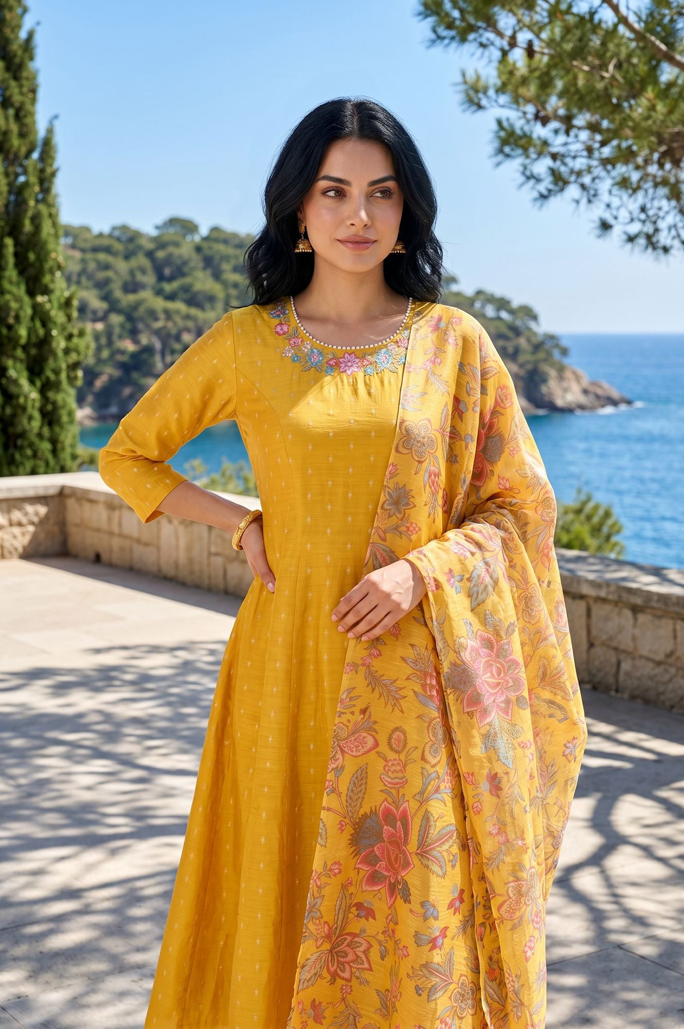 Mustard Floral Printed Thread Embroidered Dupatta