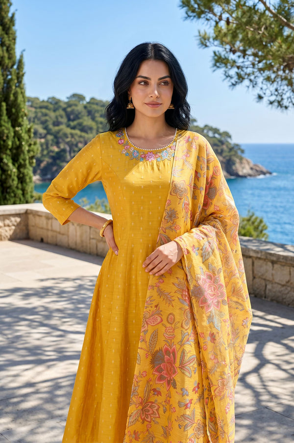 Mustard Floral Printed Thread Embroidered Dupatta