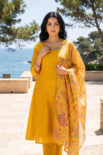 Mustard Floral Printed Thread Embroidered Dupatta