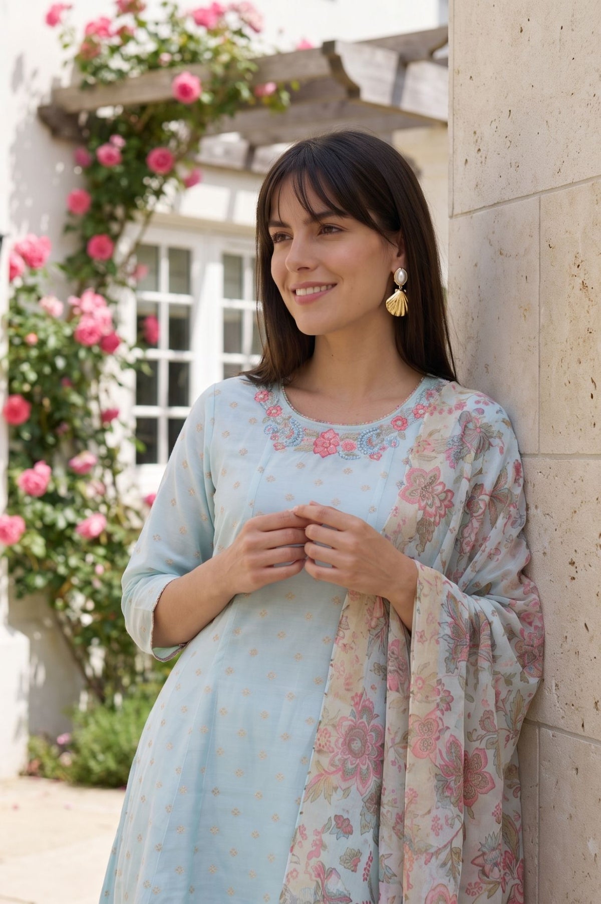 Blue Floral Printed Dupatta