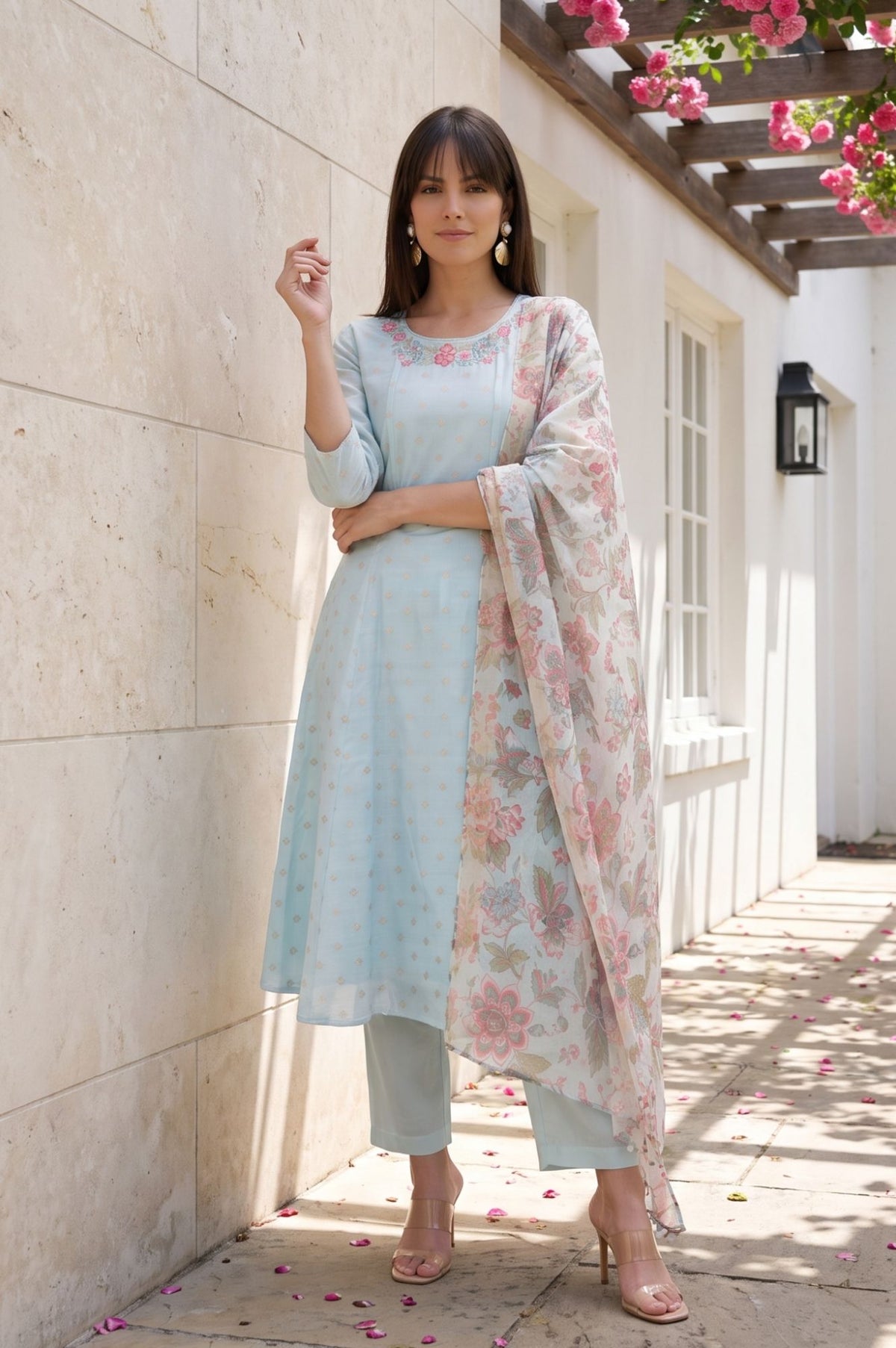 Blue Floral Printed Dupatta
