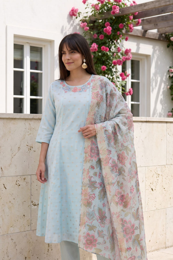 Blue Floral Printed Dupatta