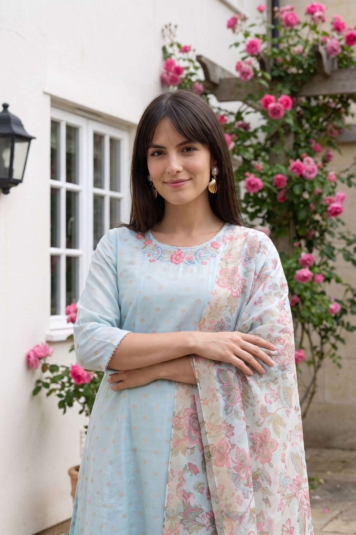 Blue Floral Printed Dupatta