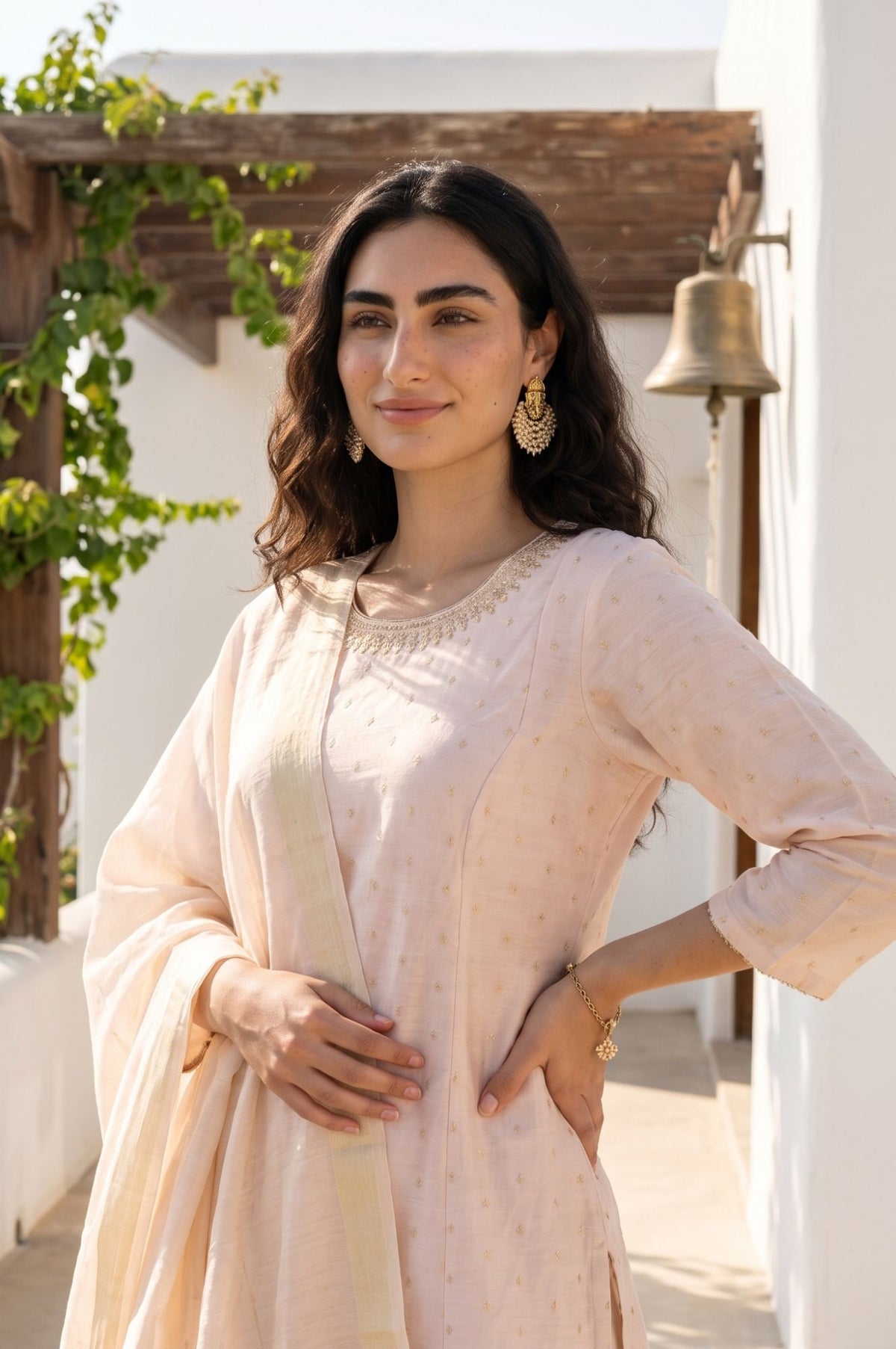 Cream Solid Yarn Dyed Metallic Dupatta
