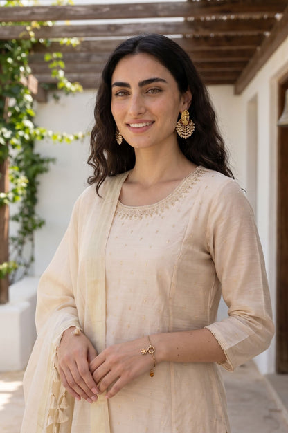 Cream Solid Yarn Dyed Metallic Dupatta