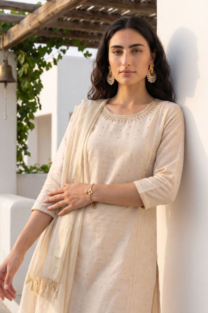 Cream Solid Yarn Dyed Metallic Dupatta
