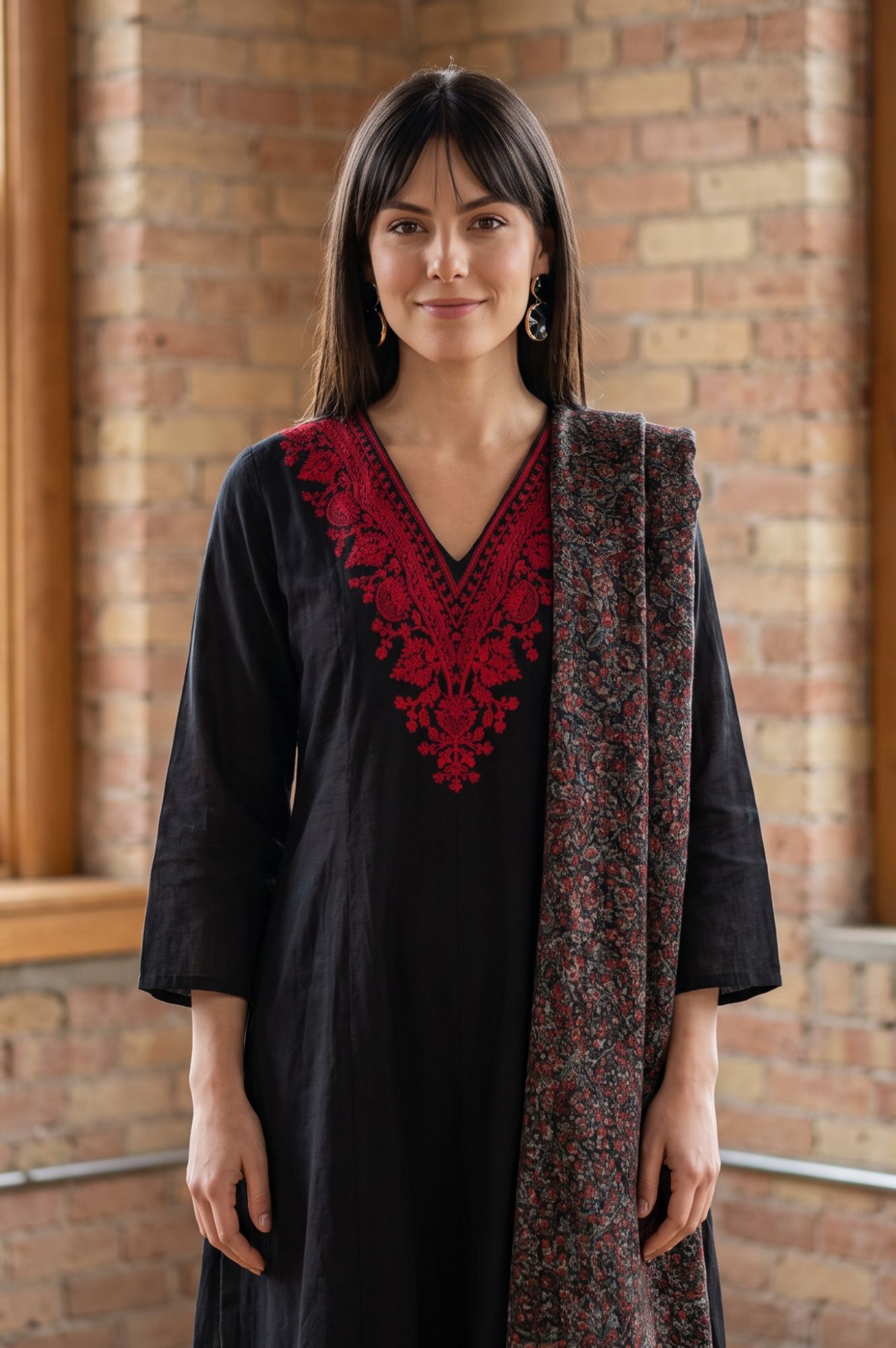 Black Floral Printed Cotton Flax Dupatta