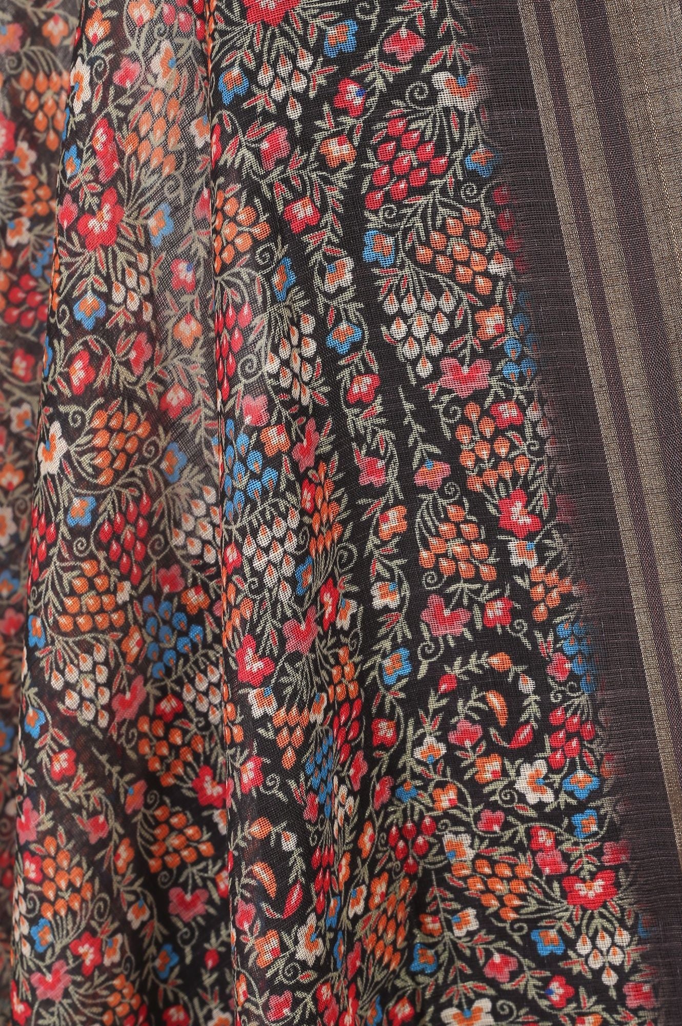 Black Floral Printed Cotton Flax Dupatta