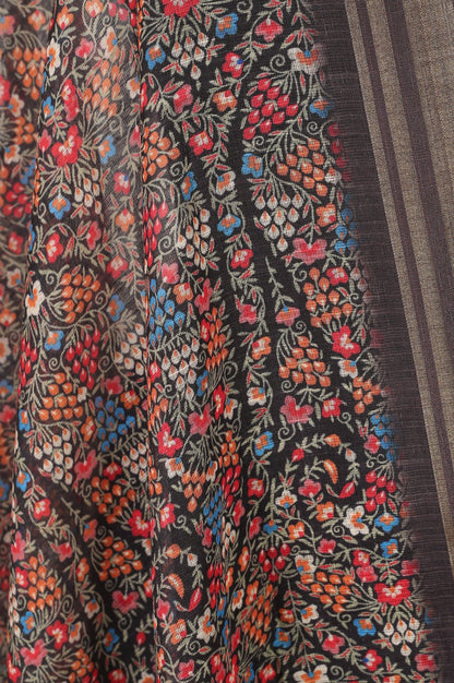 Black Floral Printed Cotton Flax Dupatta