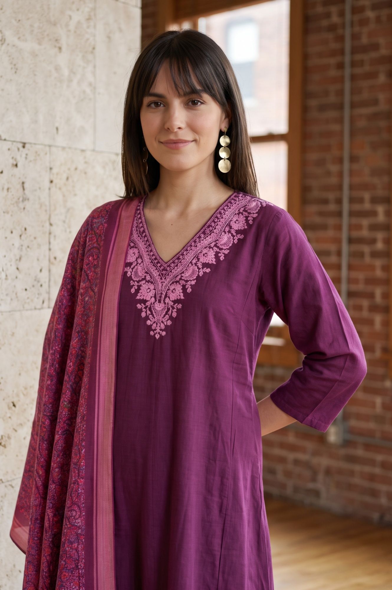 Purple Floral Printed Cotton Flax Dupatta