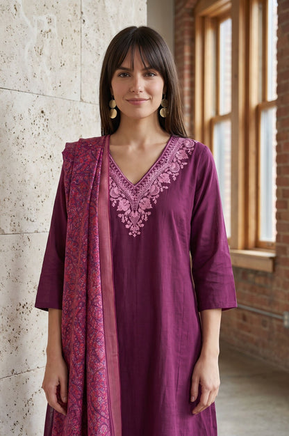 Purple Floral Printed Cotton Flax Dupatta