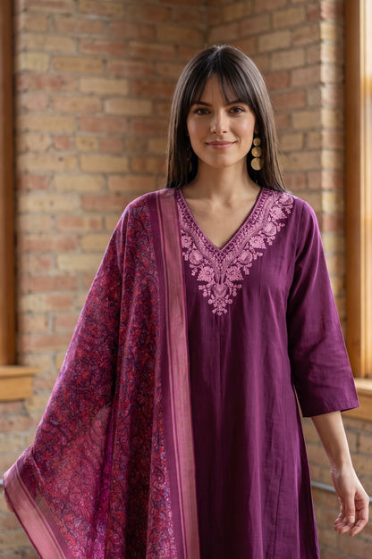 Purple Floral Printed Cotton Flax Dupatta