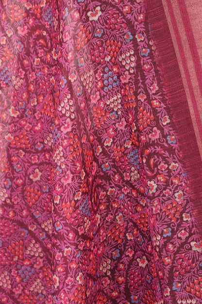 Purple Floral Printed Cotton Flax Dupatta