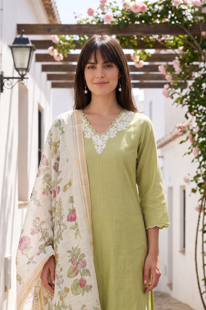 Off White Floral Printed Cotton Flax Dupatta