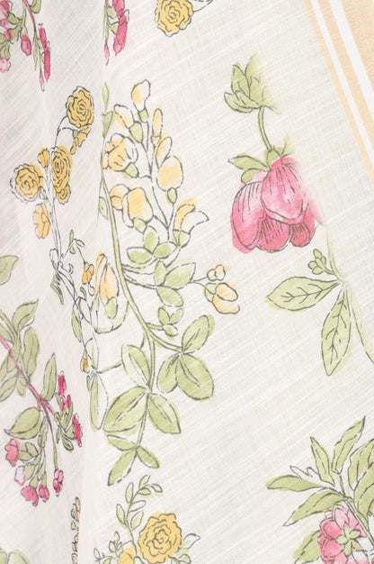 Off White Floral Printed Cotton Flax Dupatta