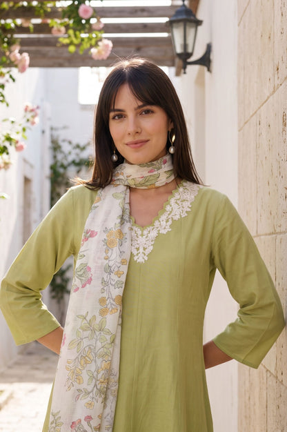 Off White Floral Printed Cotton Flax Dupatta