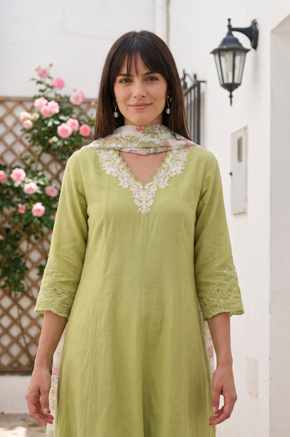 Off White Floral Printed Cotton Flax Dupatta