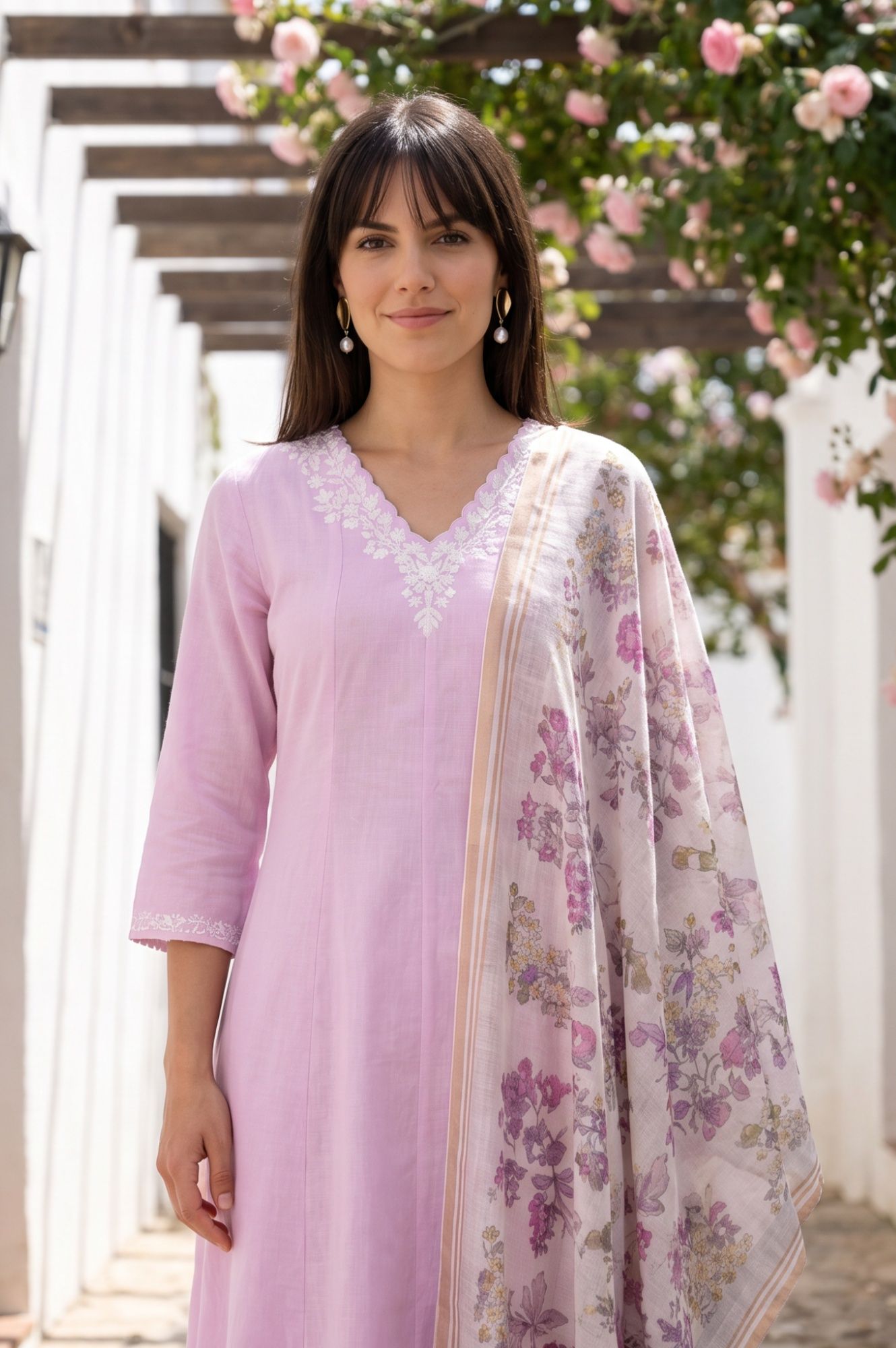 Off White Floral Printed Cotton Flax Dupatta