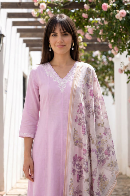 Off White Floral Printed Cotton Flax Dupatta