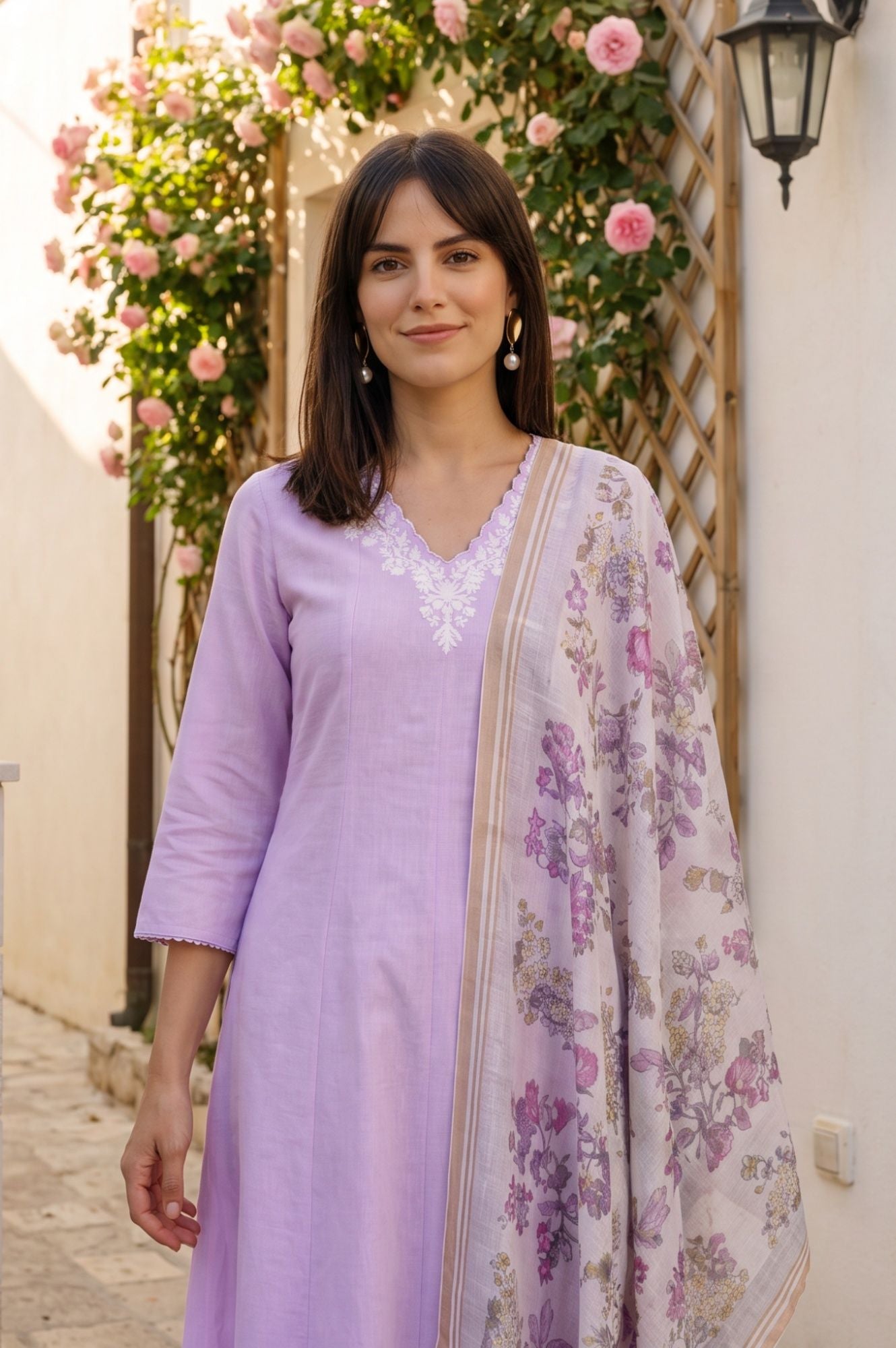 Off White Floral Printed Cotton Flax Dupatta