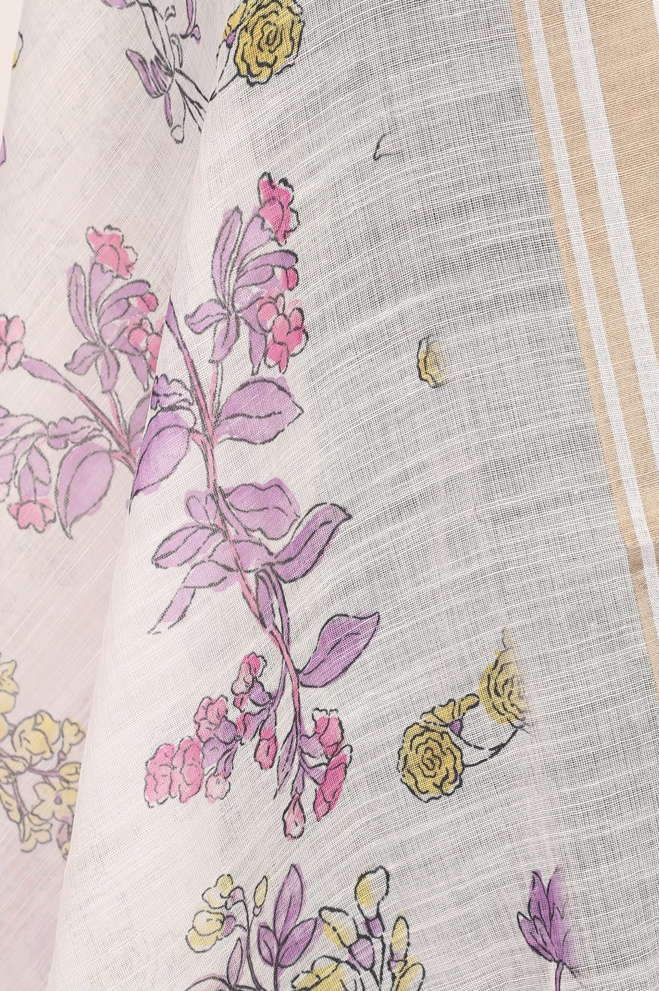 Off White Floral Printed Cotton Flax Dupatta
