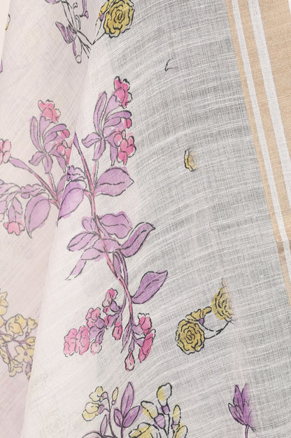 Off White Floral Printed Cotton Flax Dupatta