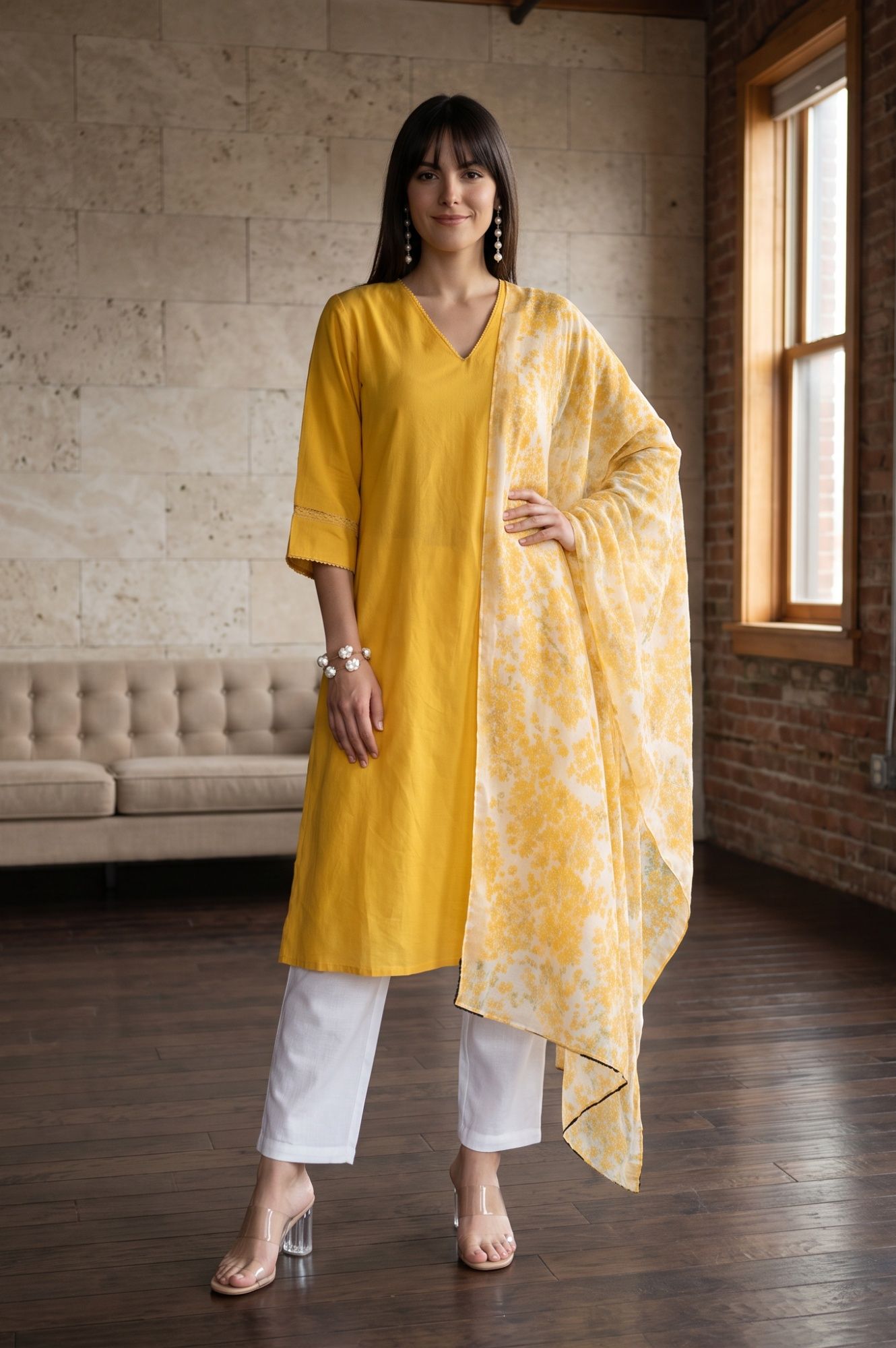 Off White Floral Printed Cotton Flax Dupatta