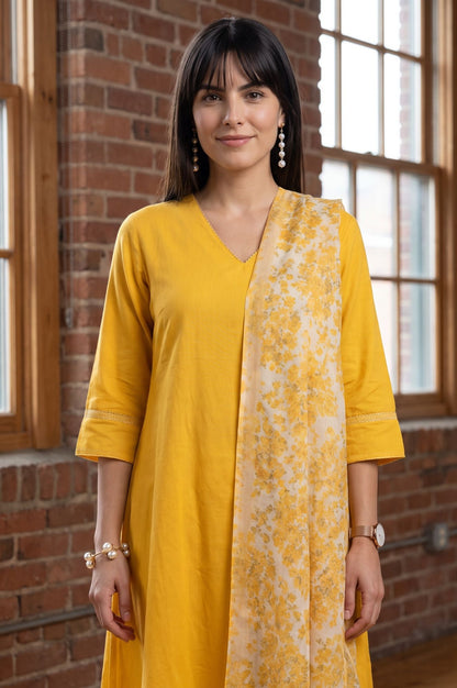 Off White Floral Printed Cotton Flax Dupatta