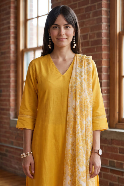 Off White Floral Printed Cotton Flax Dupatta