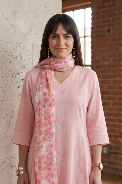 Off White Floral Printed Cotton Flax Dupatta