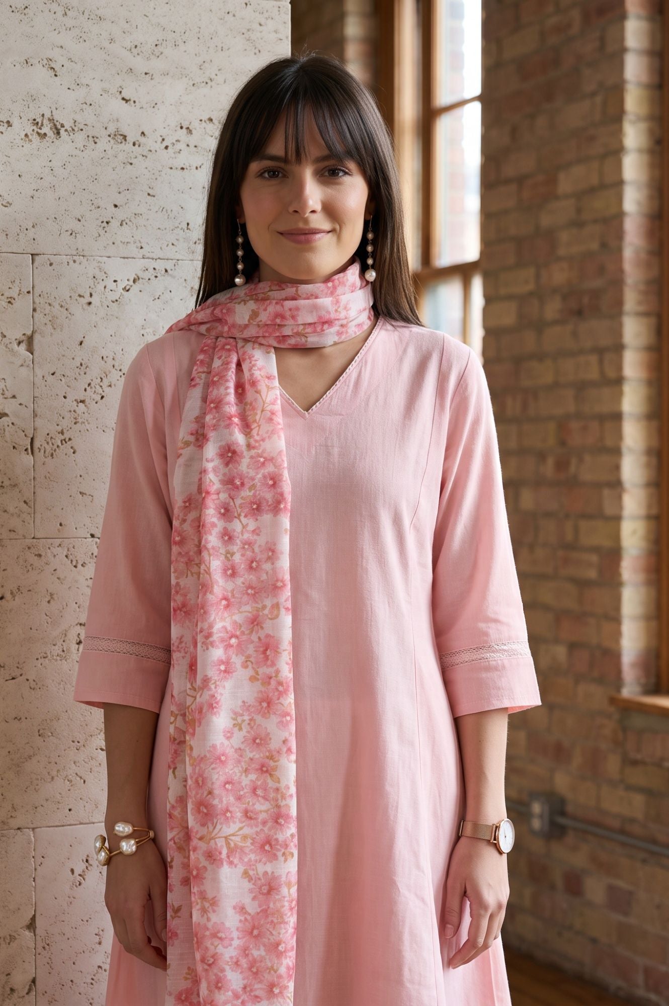 Off White Floral Printed Cotton Flax Dupatta