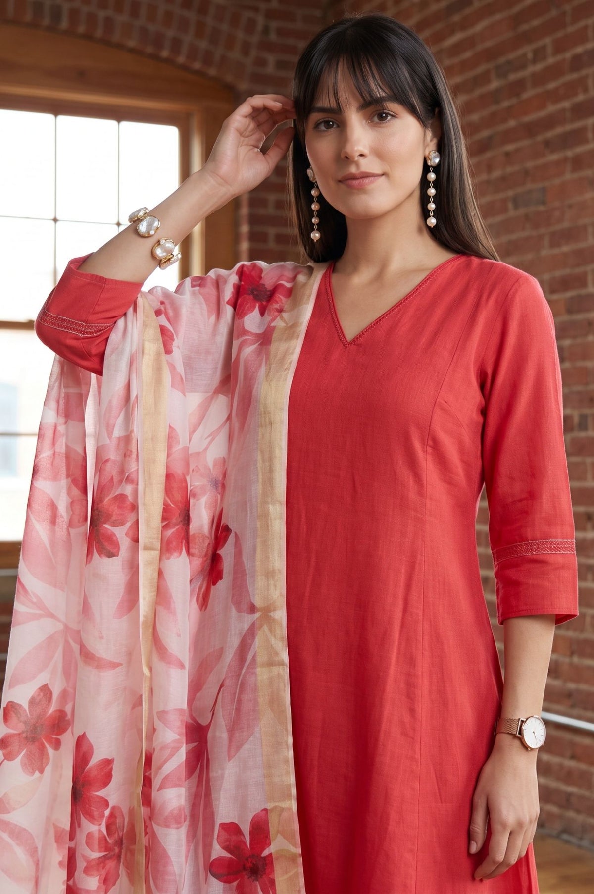 Off White Floral Printed Cotton Flax Dupatta