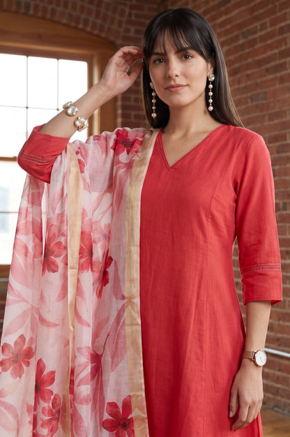 Off White Floral Printed Cotton Flax Dupatta