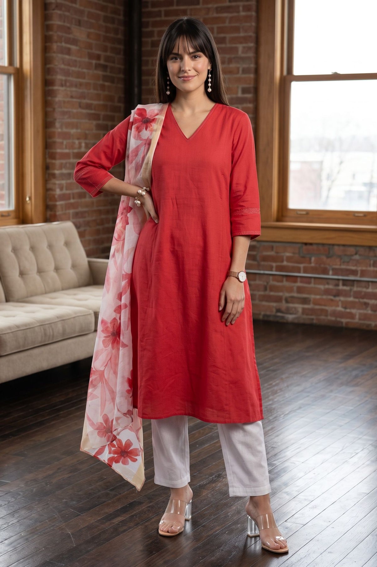 Off White Floral Printed Cotton Flax Dupatta