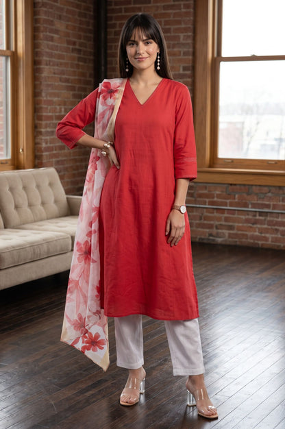 Off White Floral Printed Cotton Flax Dupatta