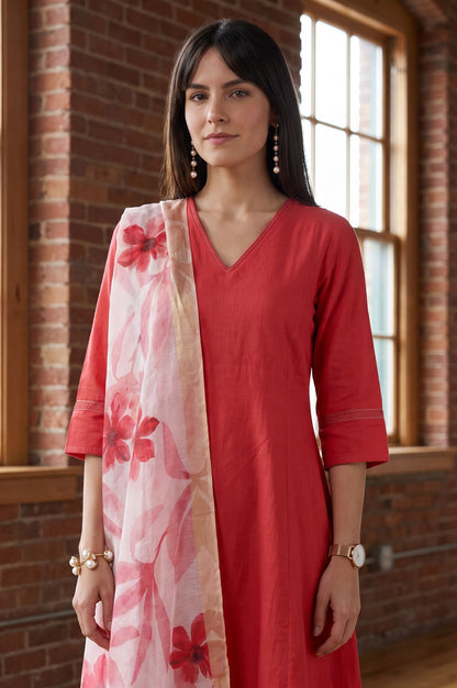 Off White Floral Printed Cotton Flax Dupatta