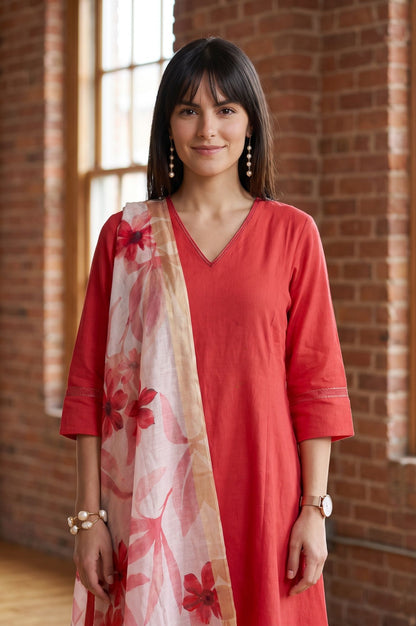 Off White Floral Printed Cotton Flax Dupatta