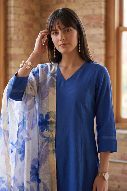 Off White Floral Printed Cotton Flax Dupatta