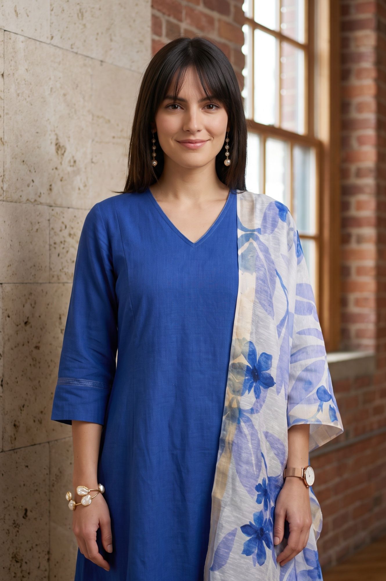 Off White Floral Printed Cotton Flax Dupatta