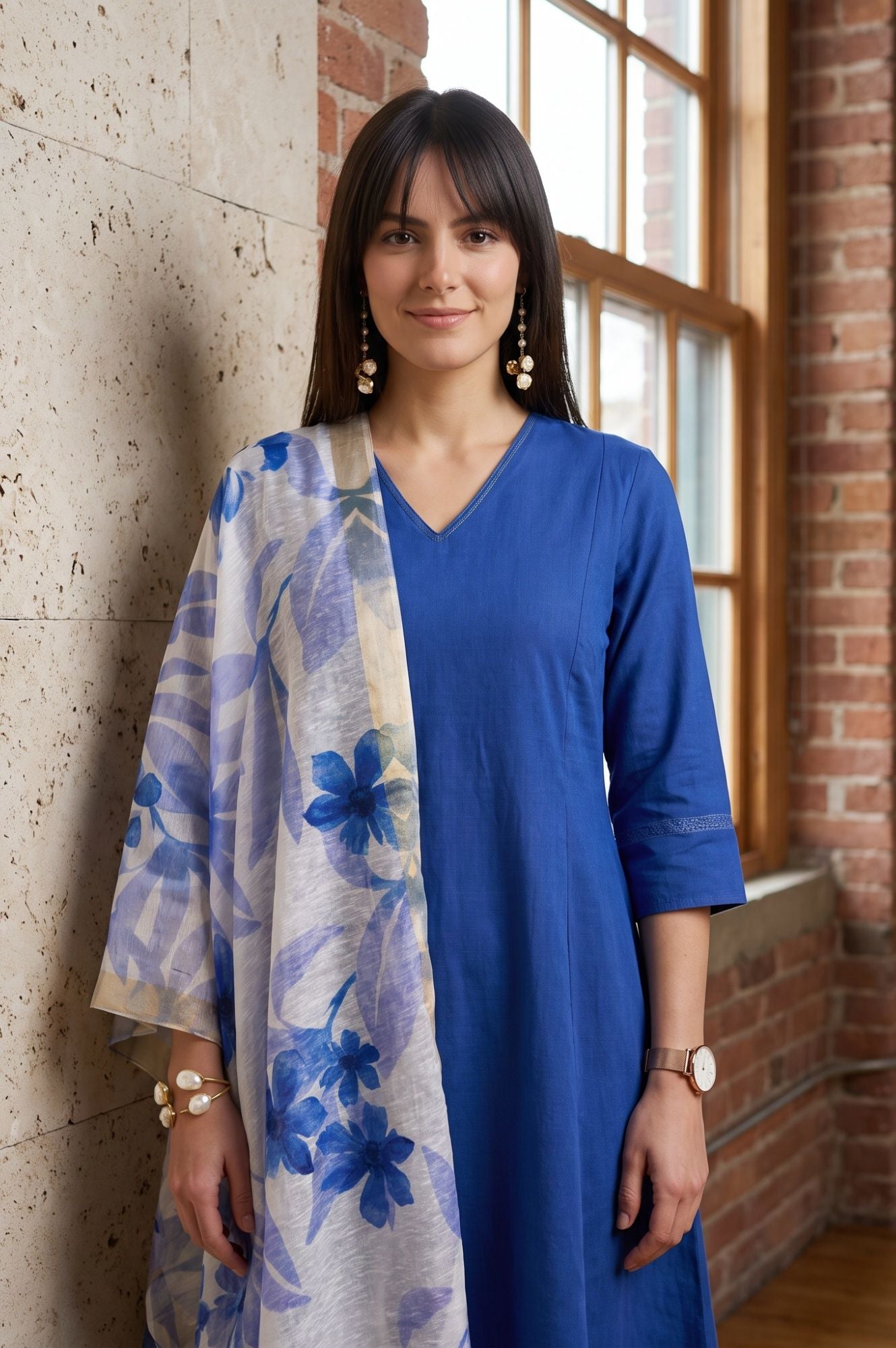 Off White Floral Printed Cotton Flax Dupatta