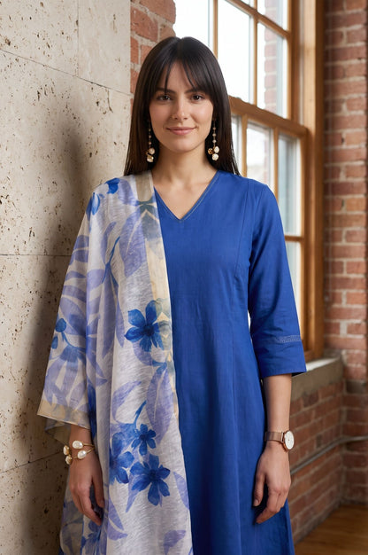 Off White Floral Printed Cotton Flax Dupatta