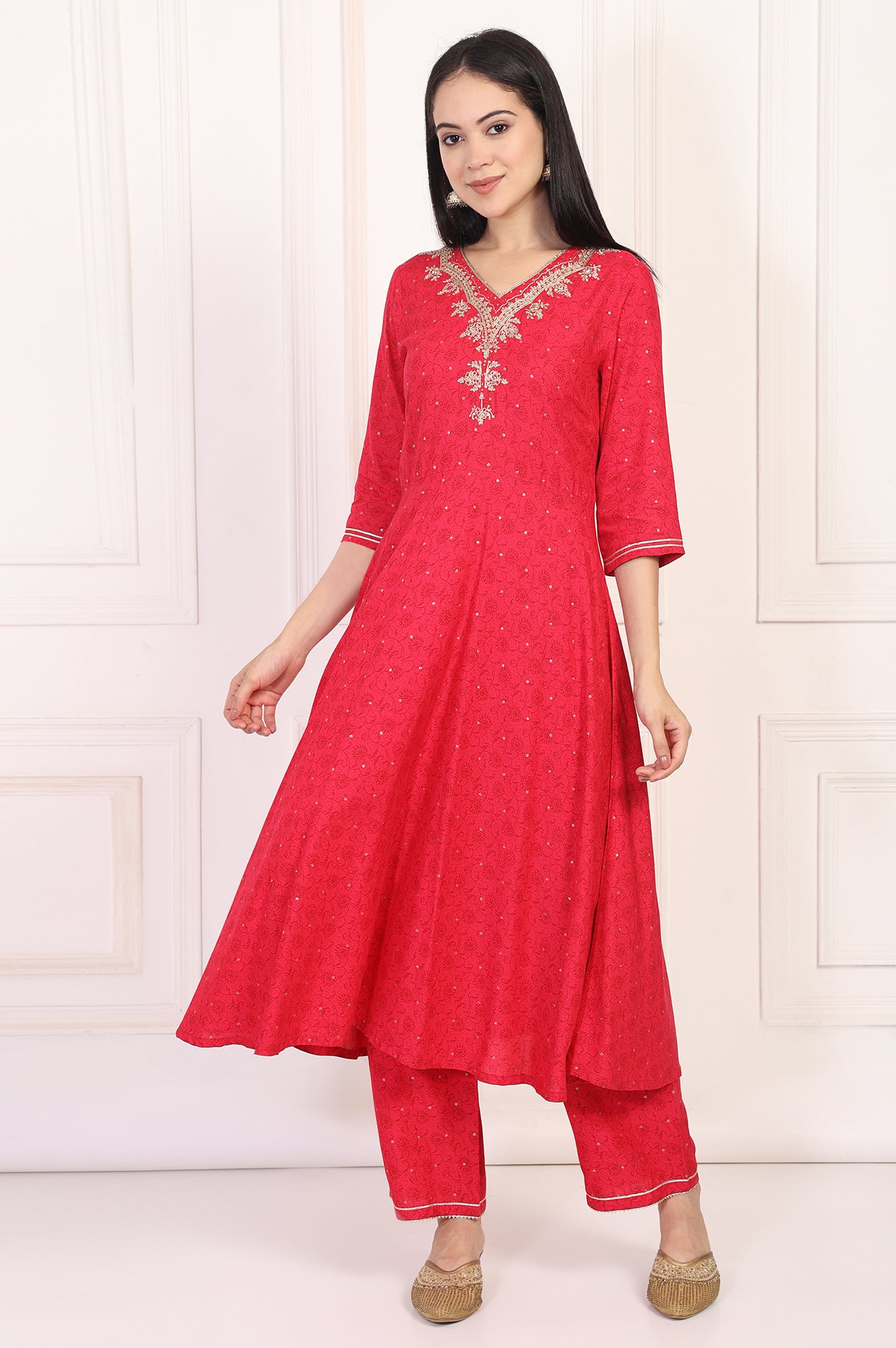 Red Embroidered A-Line Kurta and Straight Trouser Set