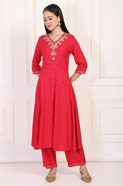 Red Embroidered A-Line Kurta and Straight Trouser Set