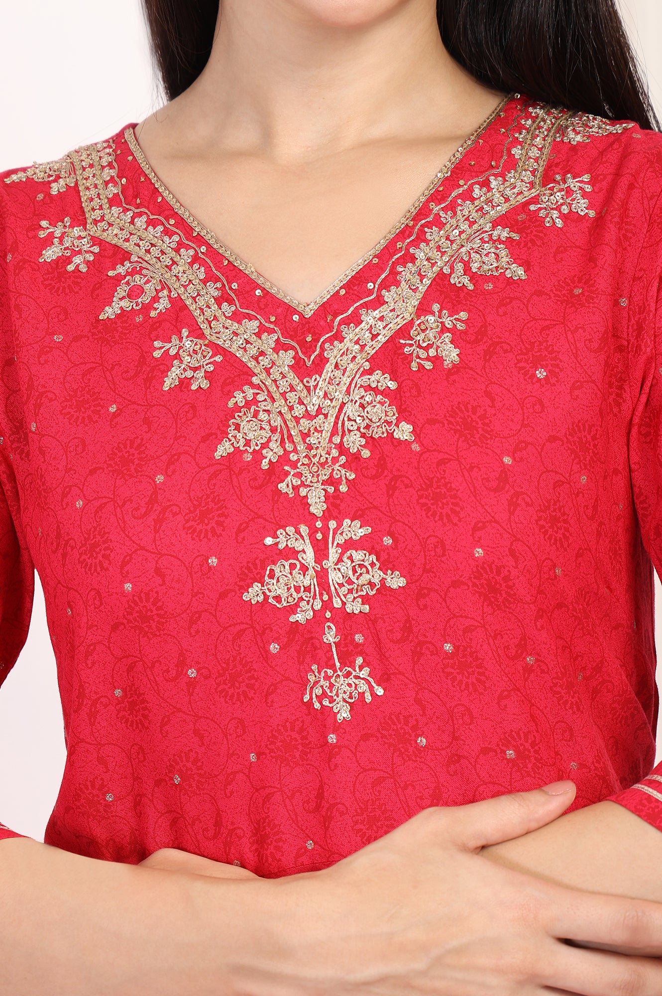 Red Embroidered A-Line Kurta and Straight Trouser Set