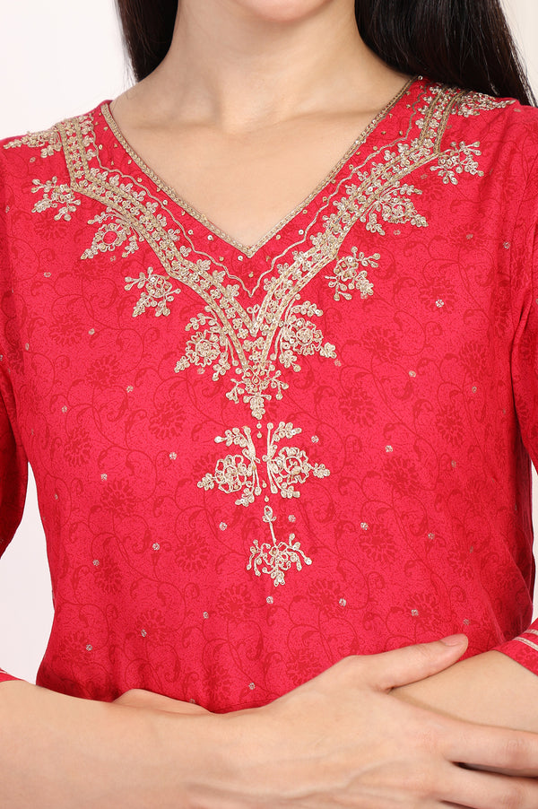 Red Embroidered A-Line Kurta and Straight Trouser Set