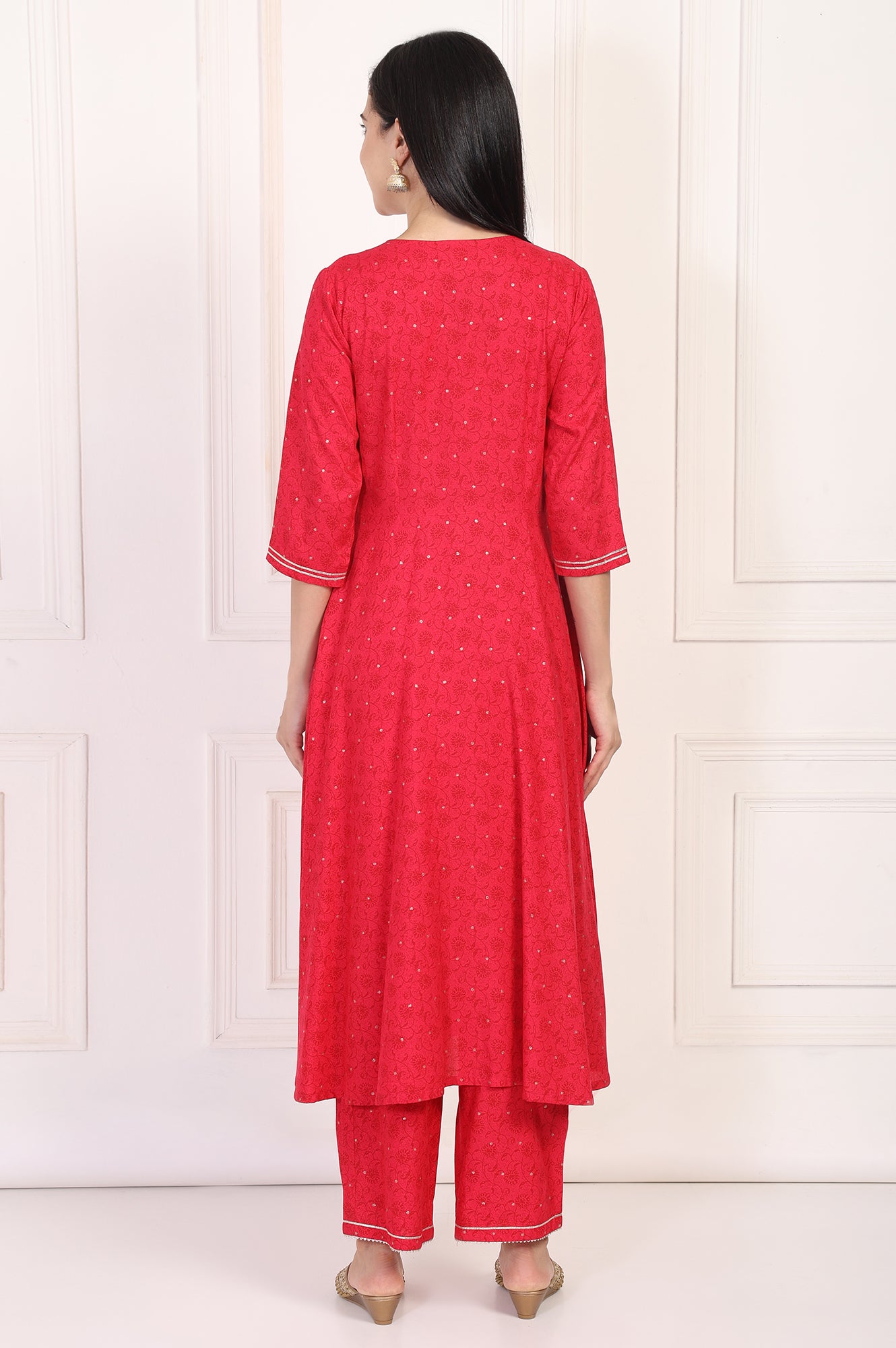 Red Embroidered A-Line Kurta and Straight Trouser Set