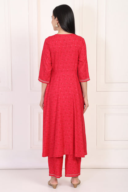 Red Embroidered A-Line Kurta and Straight Trouser Set