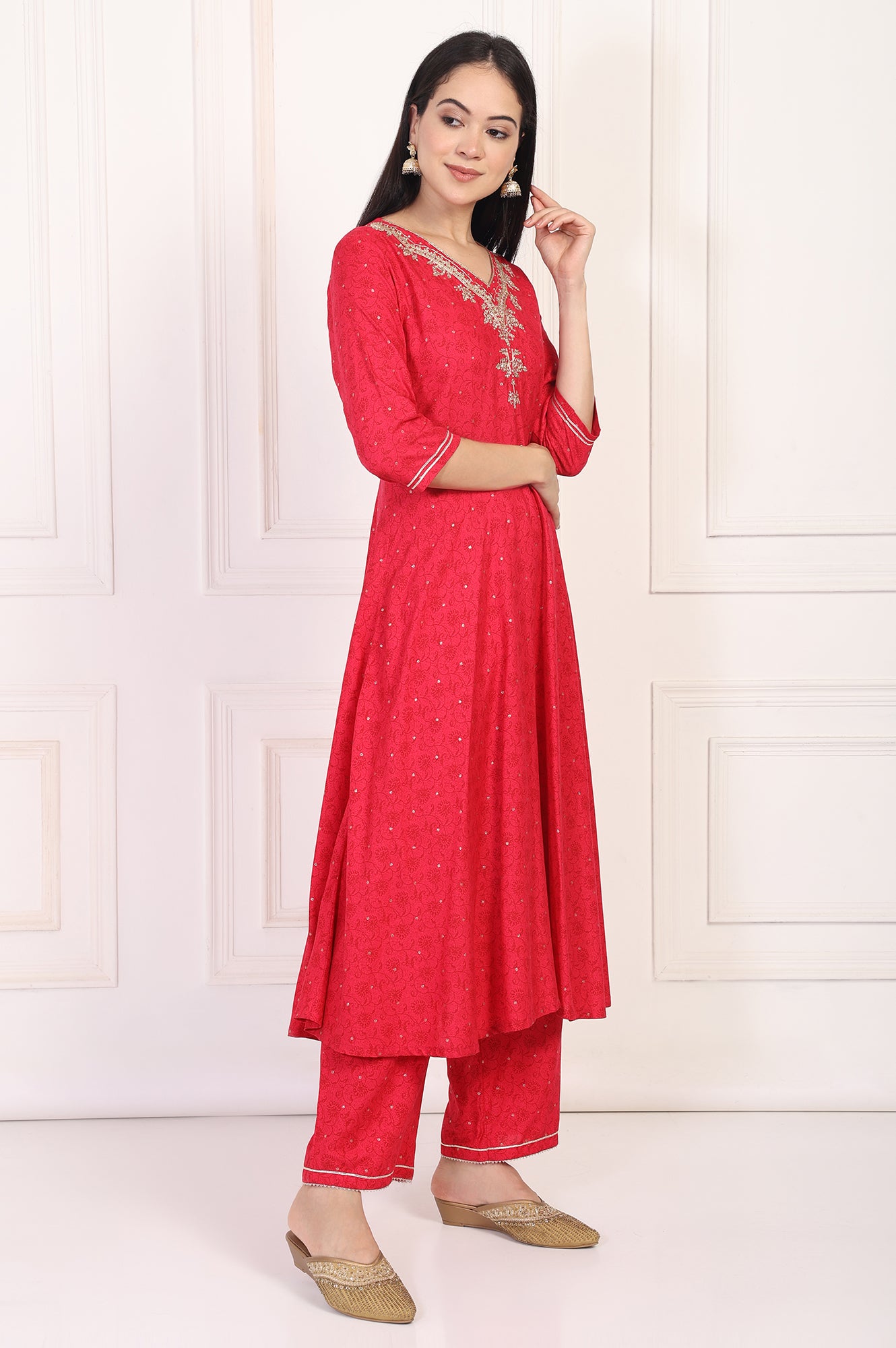 Red Embroidered A-Line Kurta and Straight Trouser Set